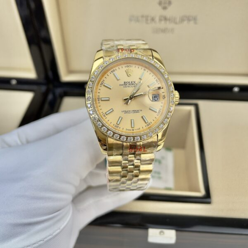 Custom Rolex DateJust Yellow Gold Champagne Dial Diamonds Bezel - Asian Rolex 93