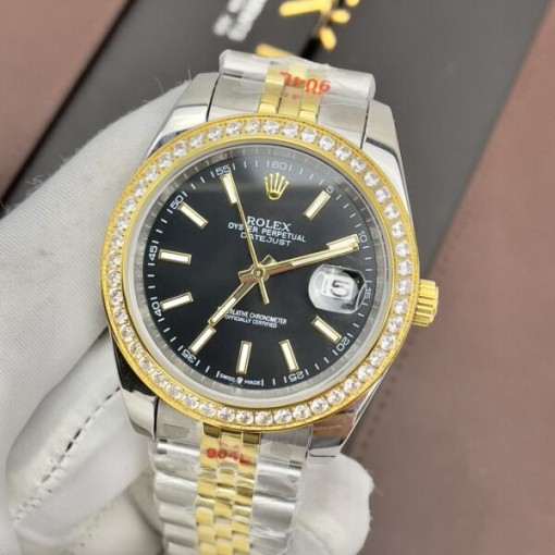 Custom Rolex DateJust Demi Black Dial Diamonds Bezel - Asian Rolex 85 - Image 4