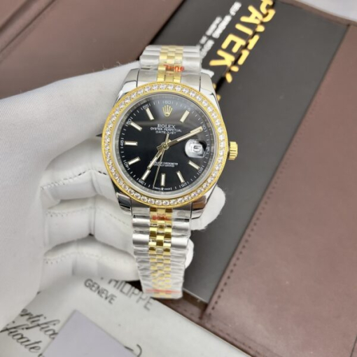 Custom Rolex DateJust Demi Black Dial Diamonds Bezel - Asian Rolex 85