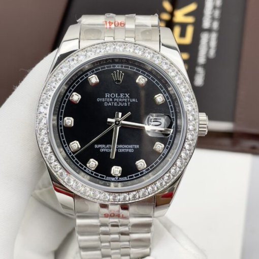 Custom Rolex DateJust Black Dial Diamonds Bezel - Asian Rolex 70