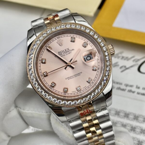 Custom Rolex DateJust Demi Pink Dial Diamonds Bezel - Asian Rolex 91