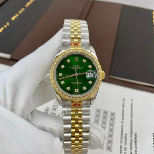 Custom Rolex DateJust Demi Green Dial Diamonds Bezel - Asian Rolex 92