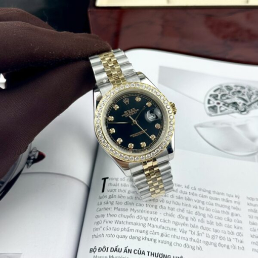 Custom Rolex DateJust Demi Black Dial Diamonds Bezel - Asian Rolex 87