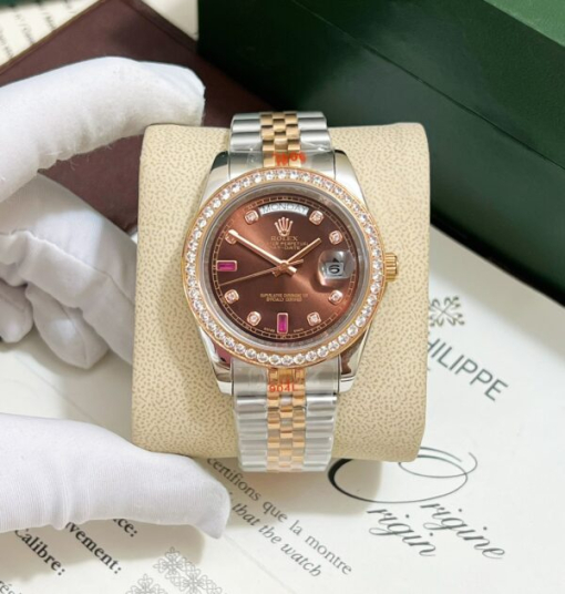 Custom Rolex Day-Date Demi Chocolate Dial Diamonds Bezel - Asian Rolex 133