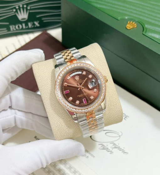 Custom Rolex Day-Date Demi Chocolate Dial Diamonds Bezel - Asian Rolex 133 - Image 2