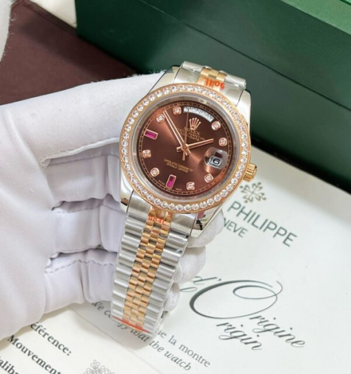 Custom Rolex Day-Date Demi Chocolate Dial Diamonds Bezel - Asian Rolex 133 - Image 5