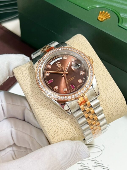 Custom Rolex Day-Date Demi Chocolate Dial Diamonds Bezel - Asian Rolex 133 - Image 3