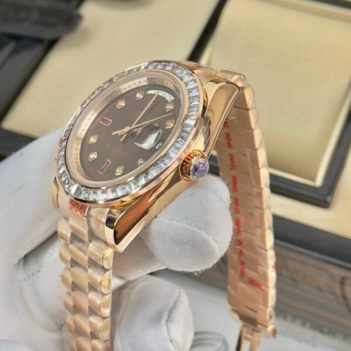 Custom Rolex Day-Date Everose Gold Chocolate Dial Diamonds Bezel - Asian Rolex 140 - Image 4