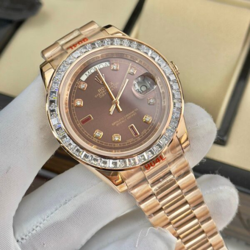 Custom Rolex Day-Date Everose Gold Chocolate Dial Diamonds Bezel - Asian Rolex 140 - Image 3