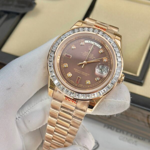 Custom Rolex Day-Date Everose Gold Chocolate Dial Diamonds Bezel - Asian Rolex 140 - Image 2