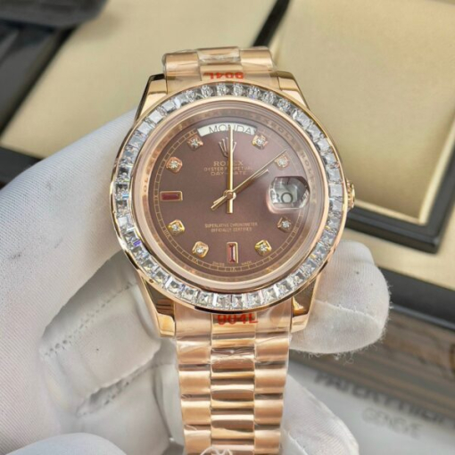 Custom Rolex Day-Date Everose Gold Chocolate Dial Diamonds Bezel - Asian Rolex 140