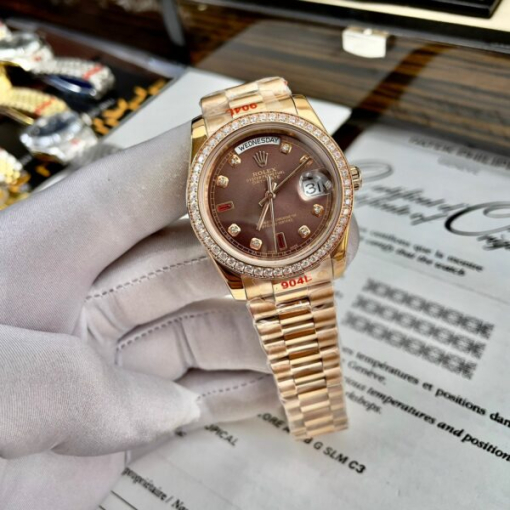 Custom Rolex Day-Date Rose Gold Chocolate Dial Diamonds Bezel - Asian Rolex 121 - Image 4