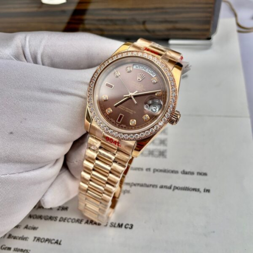 Custom Rolex Day-Date Rose Gold Chocolate Dial Diamonds Bezel - Asian Rolex 121 - Image 5