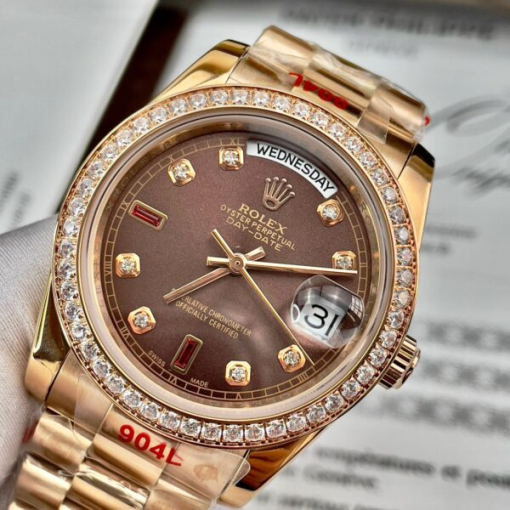 Custom Rolex Day-Date Rose Gold Chocolate Dial Diamonds Bezel - Asian Rolex 121 - Image 3