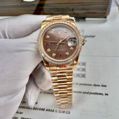 Custom Rolex Day-Date Rose Gold Chocolate Dial Diamonds Bezel - Asian Rolex 121