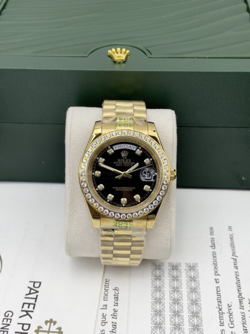 Custom Rolex Day-Date Yellow Gold Black Dial Diamonds Bezel - Asian Rolex 137