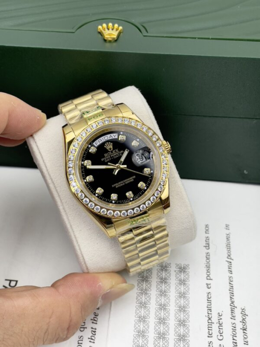 Custom Rolex Day-Date Yellow Gold Black Dial Diamonds Bezel - Asian Rolex 137 - Image 2