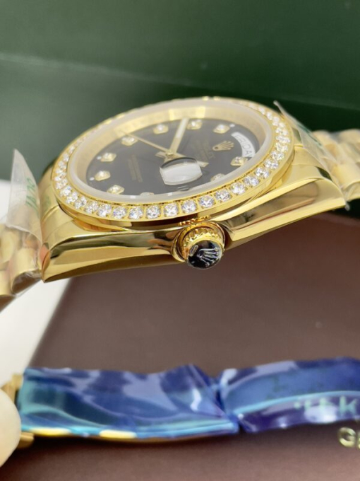 Custom Rolex Day-Date Yellow Gold Black Dial Diamonds Bezel - Asian Rolex 137 - Image 3