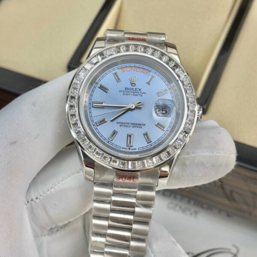 Custom Rolex Day-Date Iced Blue Dial Diamonds Bezel - Asian Rolex 142