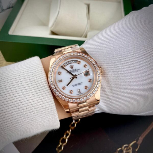 Custom Rolex Day-Date Rose Gold White Dial Diamonds Bezel - Asian Rolex 117 - Image 4