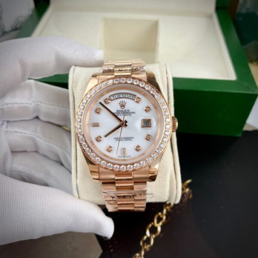 Custom Rolex Day-Date Rose Gold White Dial Diamonds Bezel - Asian Rolex 117