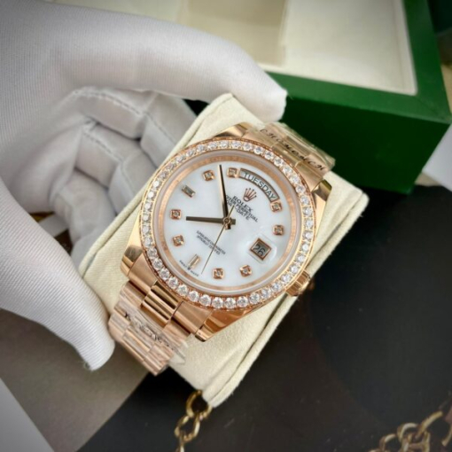 Custom Rolex Day-Date Rose Gold White Dial Diamonds Bezel - Asian Rolex 117 - Image 2