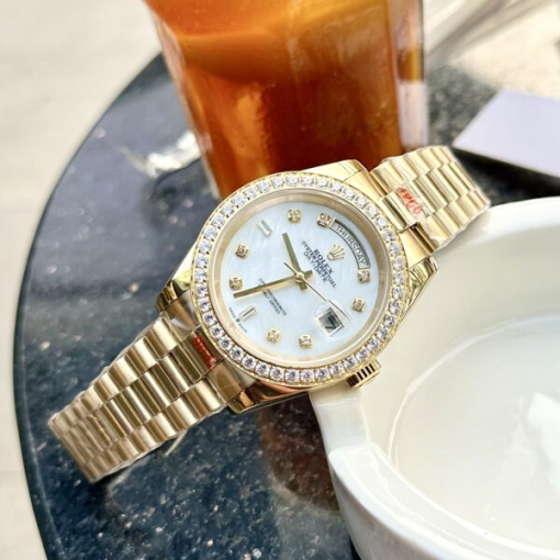 Custom Rolex Day-Date Yellow Gold White Dial Diamonds Bezel - Asian Rolex 141