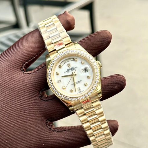 Custom Rolex Day-Date Yellow Gold White Dial Diamonds Bezel - Asian Rolex 141 - Image 3