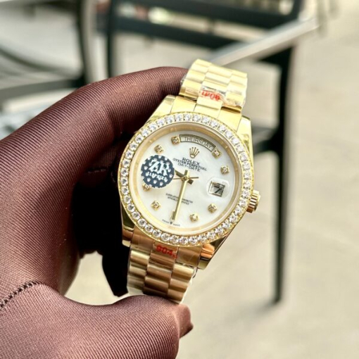 Custom Rolex Day-Date Yellow Gold White Dial Diamonds Bezel - Asian Rolex 141 - Image 2