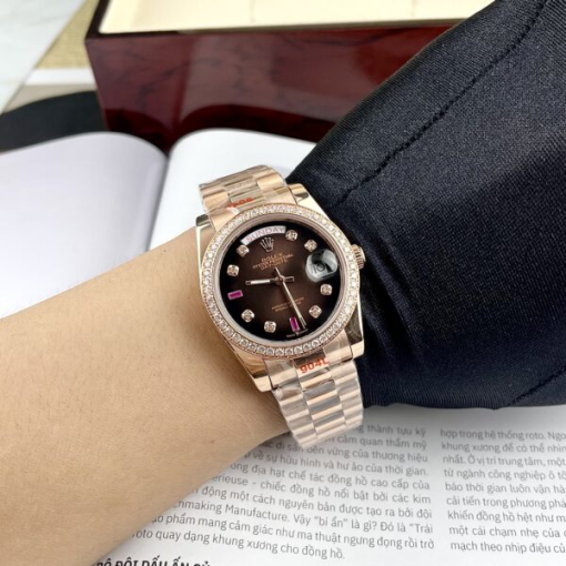 Custom Rolex Day-Date Rose Gold Dark Chocolate Dial Diamonds Bezel - Asian Rolex 110 - Image 3