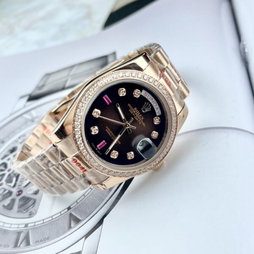 Custom Rolex Day-Date Rose Gold Dark Chocolate Dial Diamonds Bezel - Asian Rolex 110