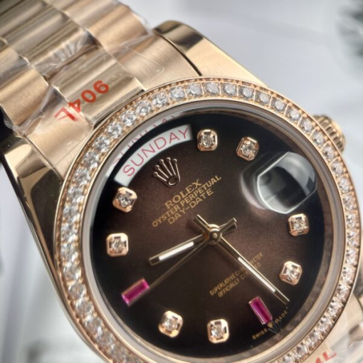 Custom Rolex Day-Date Rose Gold Dark Chocolate Dial Diamonds Bezel - Asian Rolex 110 - Image 2