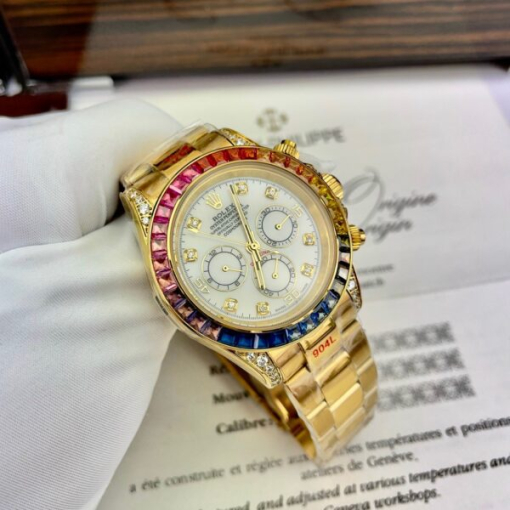 Custom Rolex Daytona Cosmograph Rainbow Yellow Gold White Dial - Asian Rolex 34