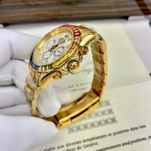 Custom Rolex Daytona Cosmograph Rainbow Yellow Gold White Dial - Asian Rolex 34 - Image 4