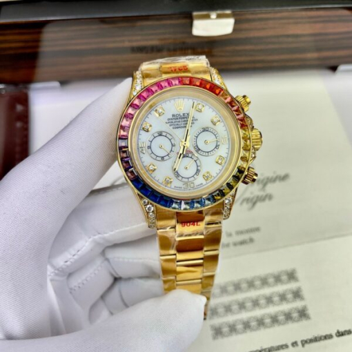 Custom Rolex Daytona Cosmograph Rainbow Yellow Gold White Dial - Asian Rolex 34 - Image 3