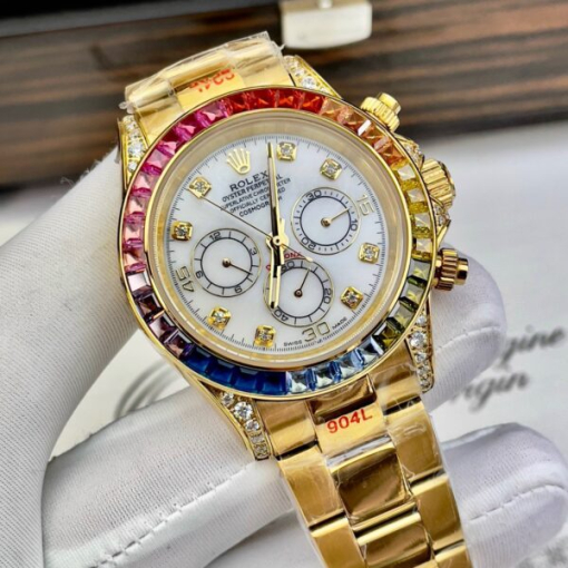 Custom Rolex Daytona Cosmograph Rainbow Yellow Gold White Dial - Asian Rolex 34 - Image 2