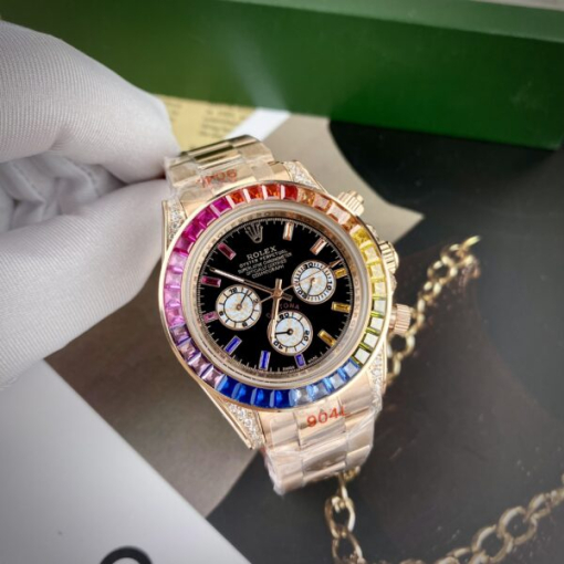 Custom Rolex Daytona Cosmograph Rainbow Rose Gold Black Dial - Asian Rolex 35