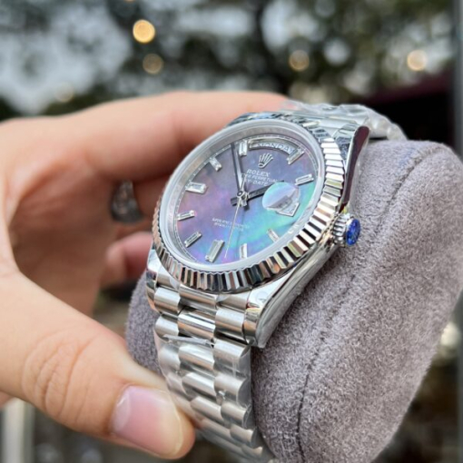 Custom Rolex Purple Mother-of-Pearl Day-Date Steel with Diamond Hour Markers - Swiss 148 - Image 4