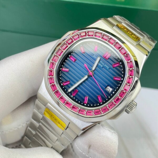 Custom Patek Philippe Nautilus 5711 Blue Dial Ruby Rhinestones - Asian Patek 48 - Image 2