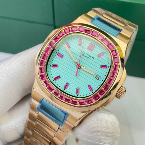 Custom Patek Philippe Nautilus 5711 Rose Gold Tiffany Blue Dial Ruby Rhinestones - Asian Patek 50