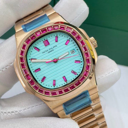 Custom Patek Philippe Nautilus 5711 Rose Gold Tiffany Blue Dial Ruby Rhinestones - Asian Patek 50 - Image 2