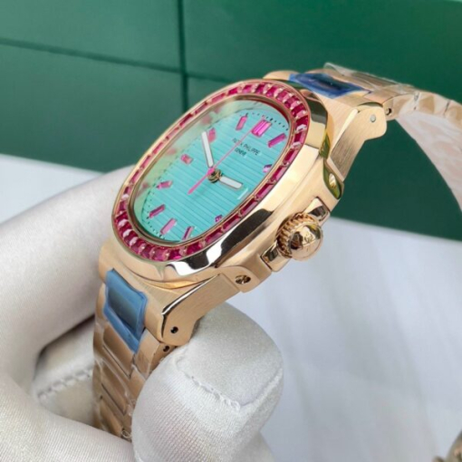 Custom Patek Philippe Nautilus 5711 Rose Gold Tiffany Blue Dial Ruby Rhinestones - Asian Patek 50 - Image 4