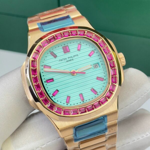 Custom Patek Philippe Nautilus 5711 Rose Gold Tiffany Blue Dial Ruby Rhinestones - Asian Patek 50 - Image 3