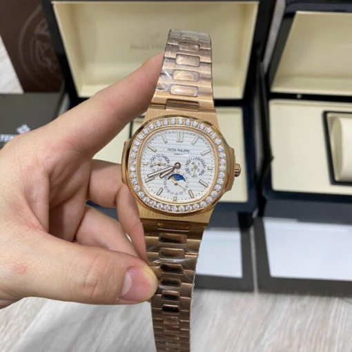 Custom Patek Philippe Nautilus 5712 Rose Gold White Dial Diamonds Bezel - Asian Patek 98