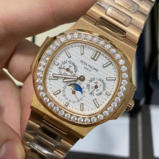 Custom Patek Philippe Nautilus 5712 Rose Gold White Dial Diamonds Bezel - Asian Patek 98 - Image 3