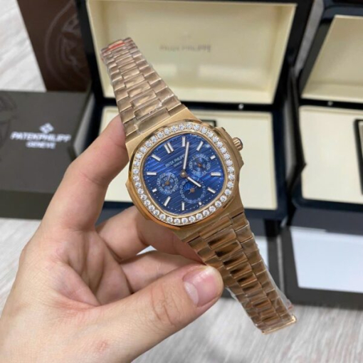 Custom Patek Philippe Nautilus 5740 Rose Gold Blue Dial Diamonds Bezel - Asian Patek 81