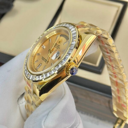 Custom Rolex Day-Date Yellow Gold Champagne Dial Diamonds Bezel - Asian Rolex 138 - Image 3