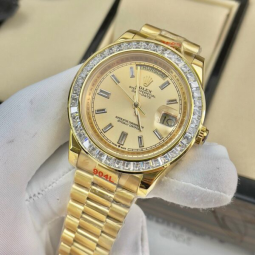 Custom Rolex Day-Date Yellow Gold Champagne Dial Diamonds Bezel - Asian Rolex 138 - Image 4