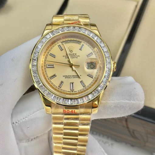 Custom Rolex Day-Date Yellow Gold Champagne Dial Diamonds Bezel - Asian Rolex 138