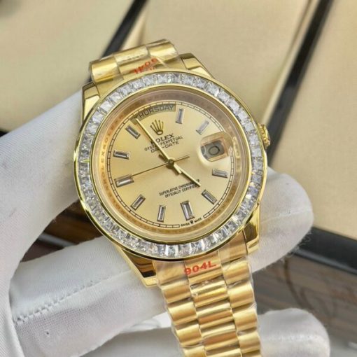 Custom Rolex Day-Date Yellow Gold Champagne Dial Diamonds Bezel - Asian Rolex 138 - Image 2